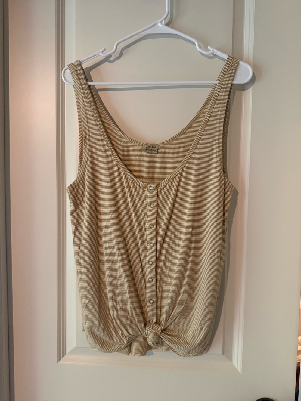 Anama Beige Thin-Striped Button Tank with Front Knot